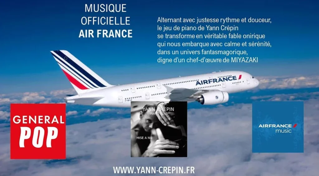 Publicité pour Yann Crépin, désigné comme musicien officiel d'Air France, avec un visuel montrant un avion en vol et des références à sa musique inspirée, décrite comme une fable onirique rappelant l'œuvre de Miyazaki.