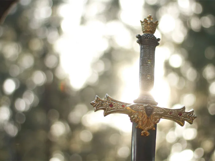 Une épée décorée au premier plan, baignée dans la lumière du soleil qui filtre à travers les arbres en arrière-plan, symbolisant la force et la résilience face aux changements et bouleversements,
