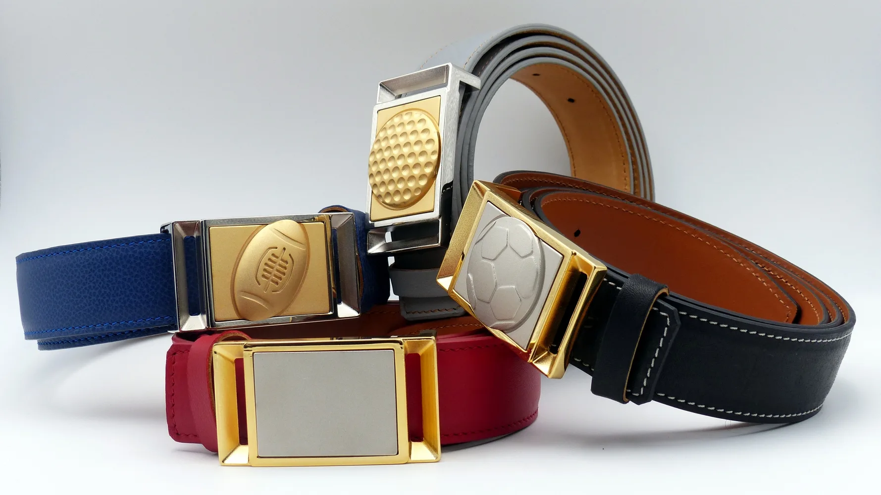Collection de ceintures de golf avec boucles dorées et argentées - Motifs football, golf, rectangulaire