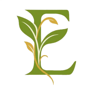 Logo de l'association Espérance représentant la lettre E stylisée en vert olive, décorée de feuilles et de tiges végétales dorées et vertes